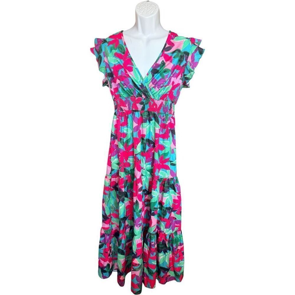 Womens Shein Beautiful Floral Print Cap Sleeve Flutter Boho Maxi Dress - Sz L
